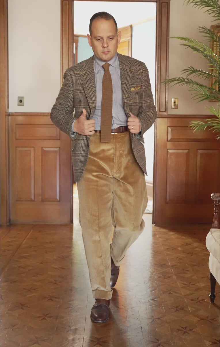 Camel Corduroy Trousers -Stancliffe Flat-Front in 8-Wale Cotton by