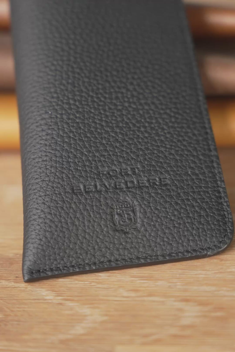 Looping video of a Fort Belvedere Black Togo & Gray Suede Leather Soft Eyeglass Case