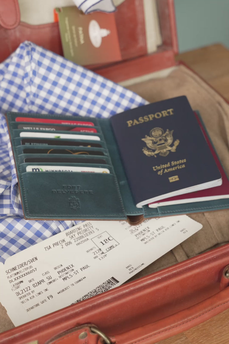 Looping video of a blue and brown passport holder