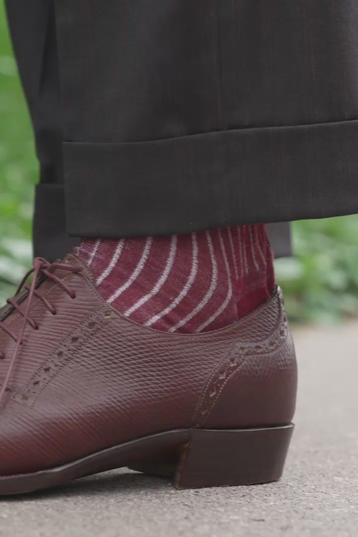 Fort Belevdere Red & Light Gray Shadow Stripe socks with a variety of outfits
