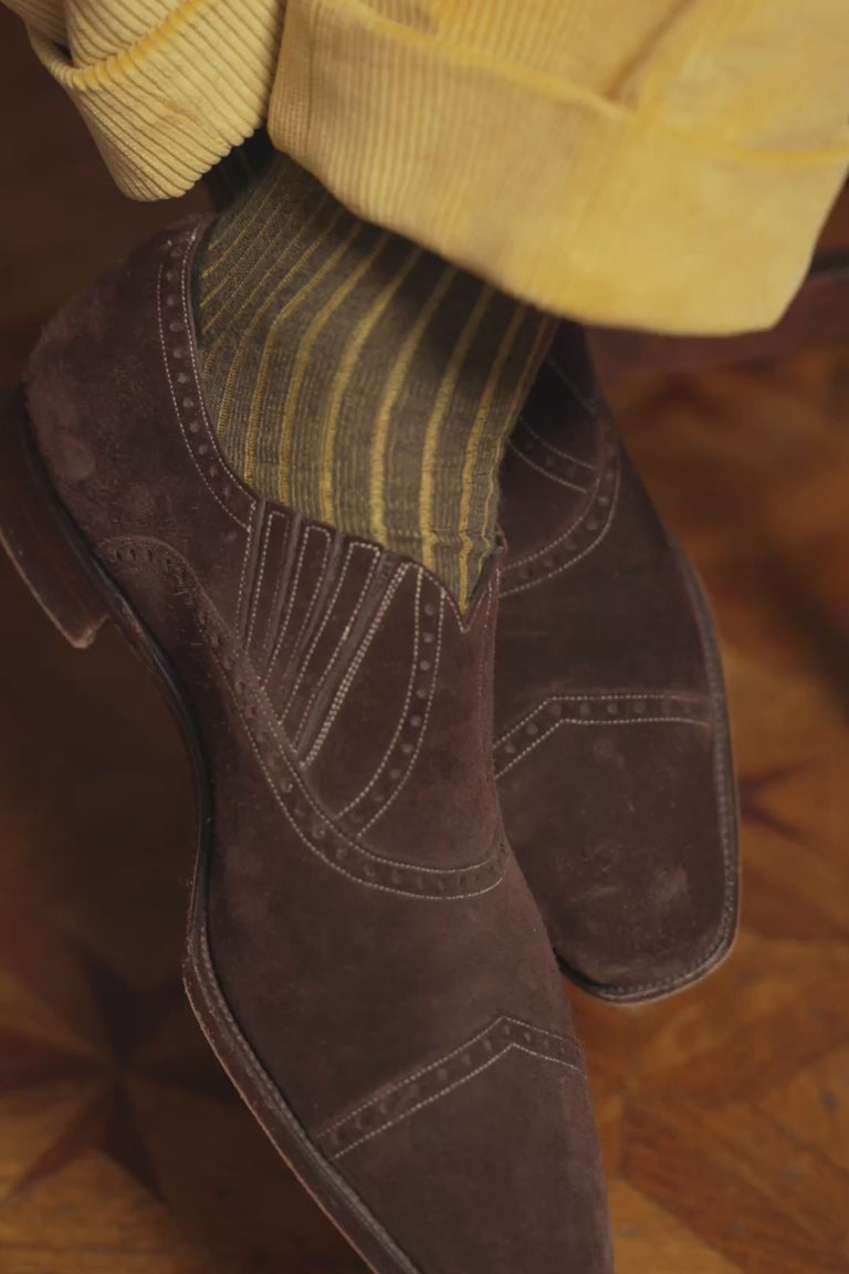 Looping video of a pair of shadow stripe socks in lifestyle settings