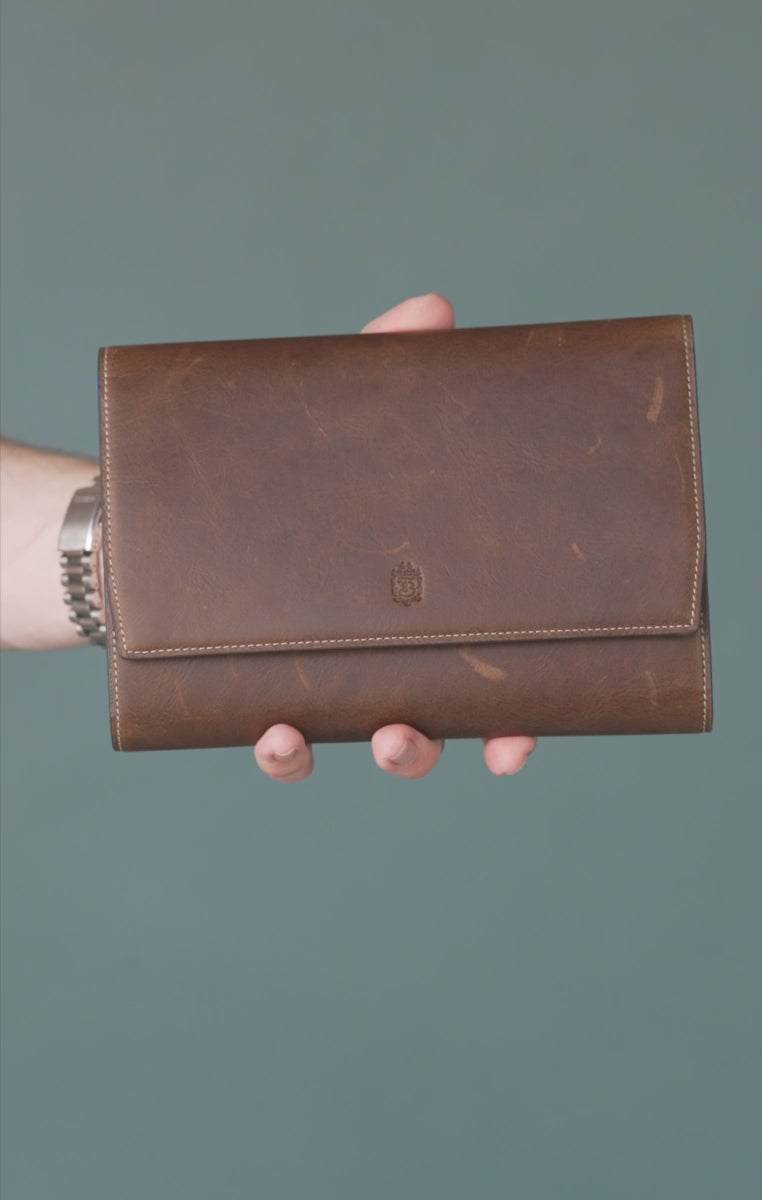 3-Watch Antique Mahogany & Blue Suede Leather Watch Case