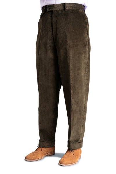 Dark Olive Corduroy Trousers -Stancliffe Flat-Front in 8-Wale