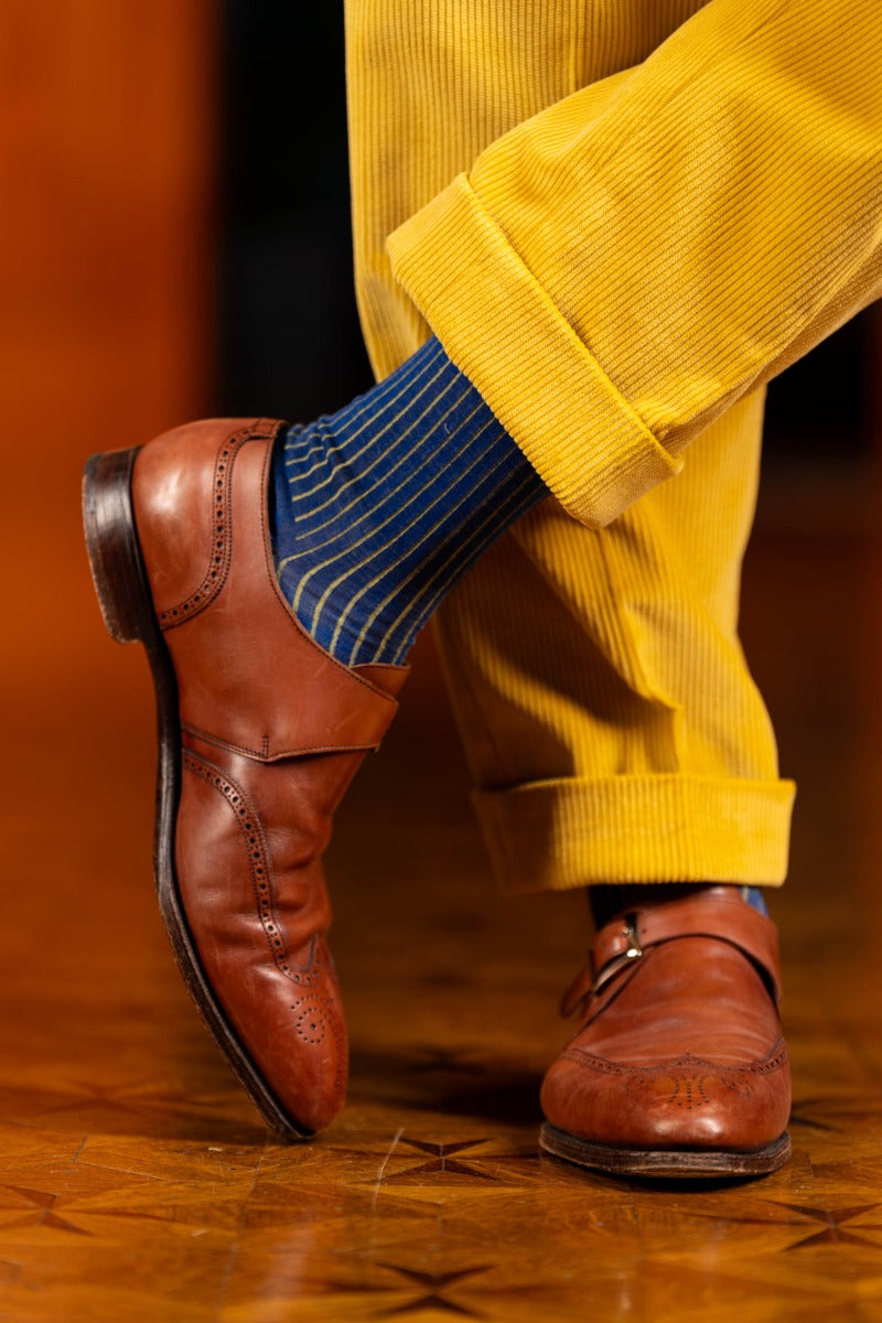 Shadow Stripe Ribbed Socks Bright Blue and Yellow Fil d'Ecosse Cotton ...