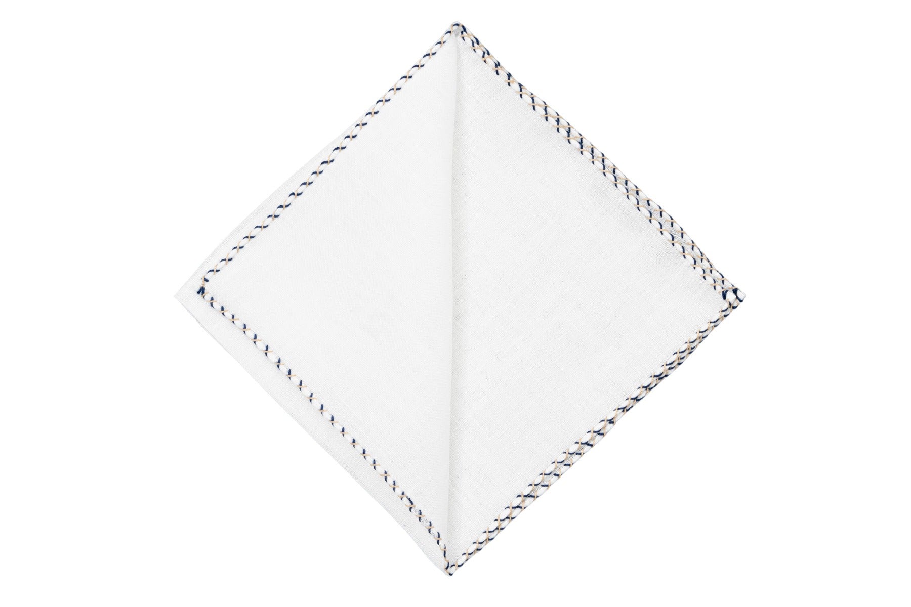 White Linen Pocket Square with Navy Blue and Khaki X-stitch - Fort ...