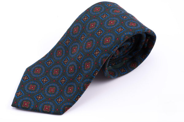 Wool Challis Tie in Dark Green with Blue, Yellow & Orange Pattern